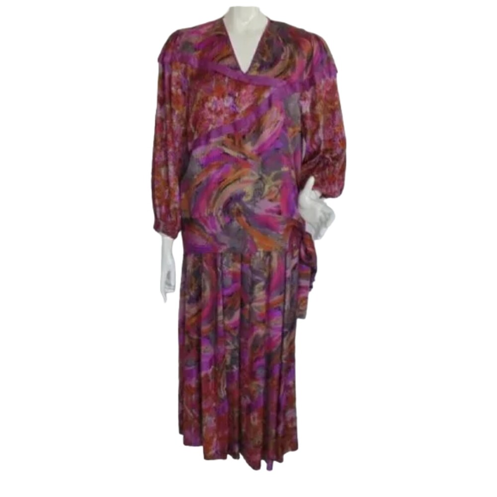 DIANE FREIS Skirt Set, L, Silk, Purple/Pink/Gray, 2 piece, Long sleeves, Maxi